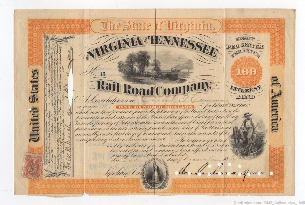 1869 Virginia & Tennessee Railroad Company Bond Signed by CSA General-img-0