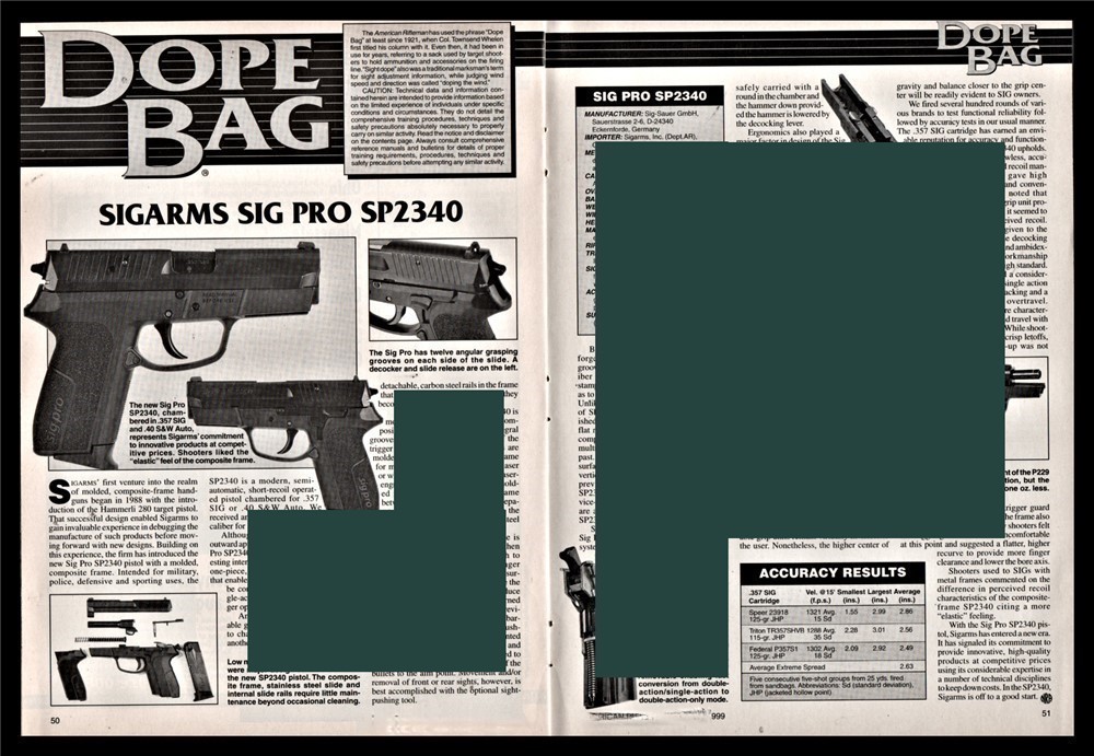 1999 SIGARMS SIG PRO SP2340 Pistol 2-page Evaluation Article-img-0