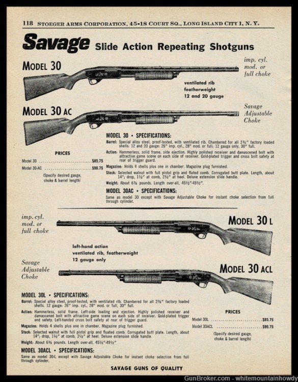 1961 SAVAGE Model 30, 30AC, 30L, 30ACL Slide Action Repeating Shotgun AD-img-0