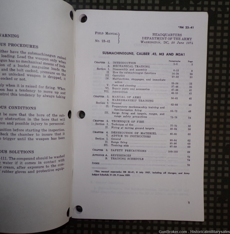 1974 US Army FM 23-41 M3 and M3A1 Submachine Guns .45 Caliber Field Manual-img-1