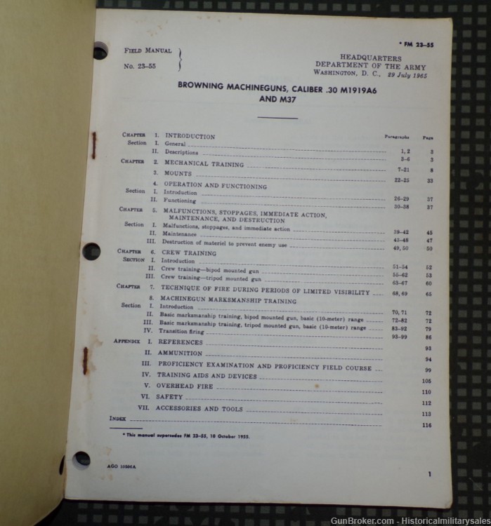 1965 US Army FM 23-55 Browning .30 Cal M1919A6 & M37 Machine Guns Manual-img-1