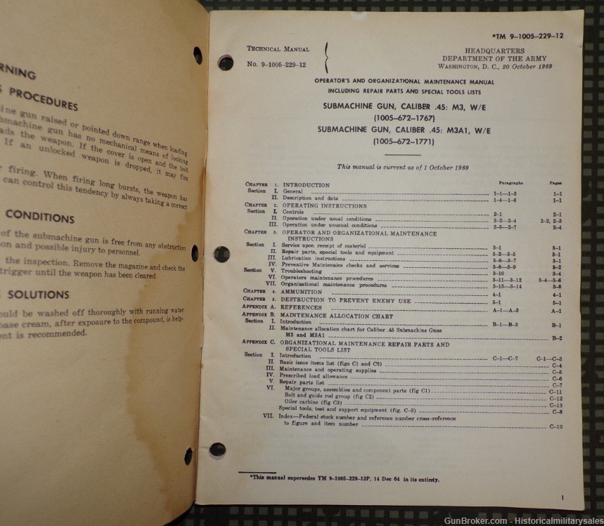 1969 US Army TM 9-1005-229-12 M3 & M3A1 .45 Submachine Gun Field Manual-img-1