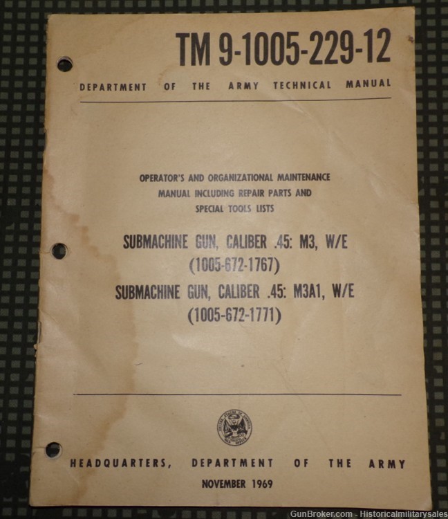 1969 US Army TM 9-1005-229-12 M3 & M3A1 .45 Submachine Gun Field Manual-img-0