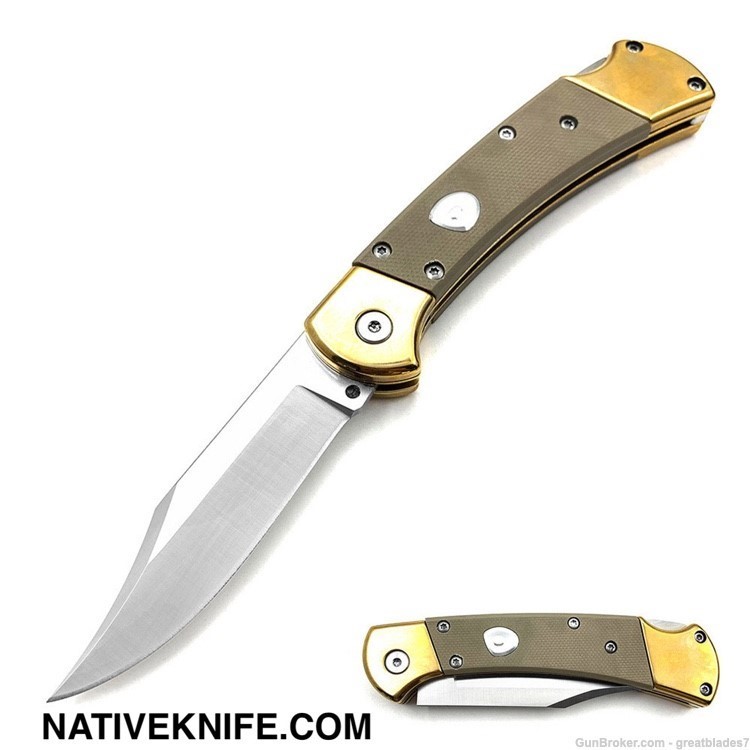 Buck Style Folding Hunter Auto Knife G-10 Desert Tan Handle FREE SHIPPING!-img-0
