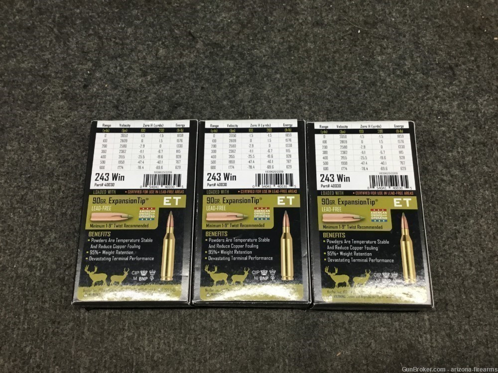 Nosler Expansion Tip .243WIN Rifle Ammo 90GR 3 boxes 60 Rounds .243 Win-img-1