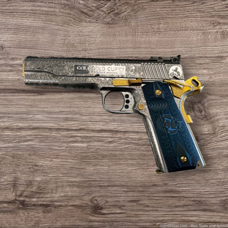 Colt 1911 Gold Cup fully engraved with Aztec design 24k gold plated  NR-img-0