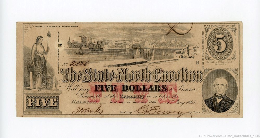 Civil War $5 North Carolina Note Money Currency-img-0