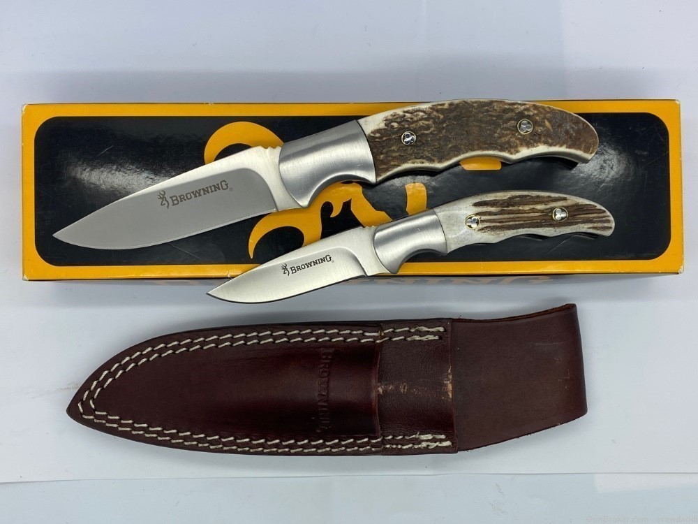 Browning Guide's Choice Twin Set Fixed Blade Hunting knives,Stag Handle NOS-img-0