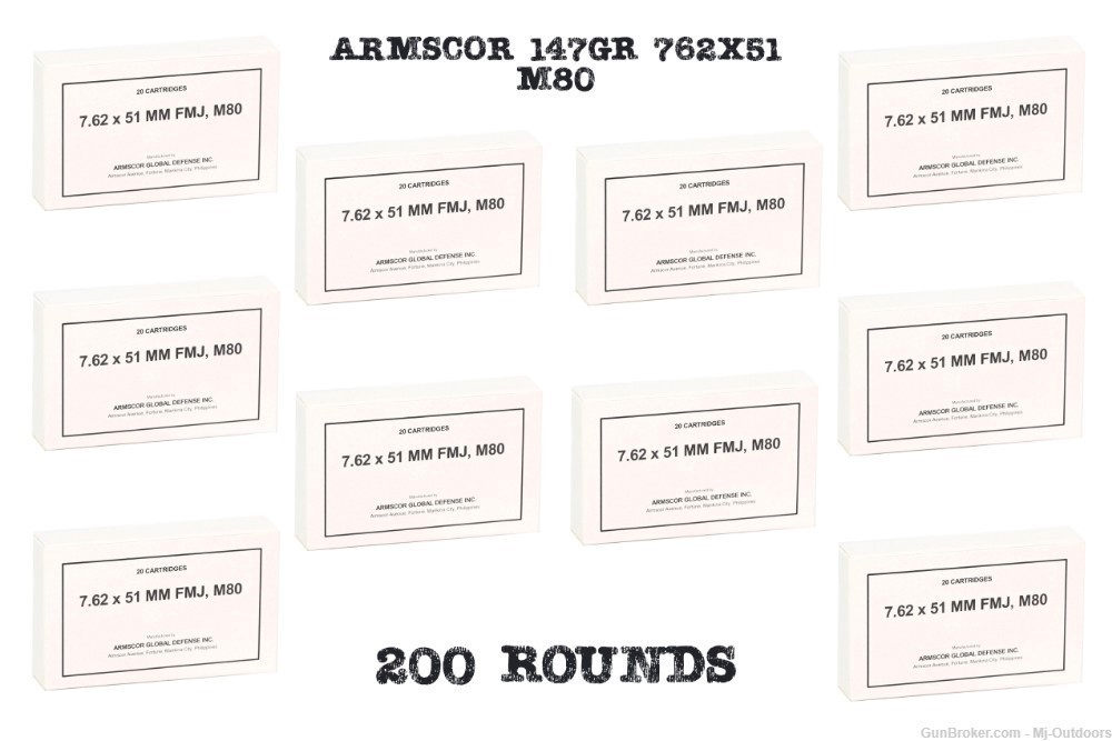 Armscor 7.62x51mm Ammunition 50203 M80 147 Grain Full Metal Jacket 200rds-img-0