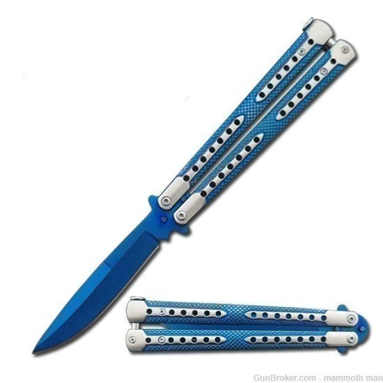  BUTTERFLY KNIFE, STAINLESS STEEL AND TITANIUM BLUE COATED HANDLE-img-0