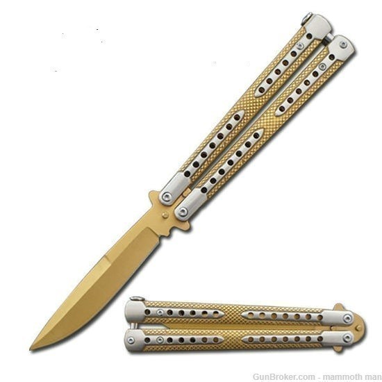 BUTTERFLY KNIFE, STAINLESS STEEL BLADE AND TITANIUM GOLD COATED HANDLE-img-0