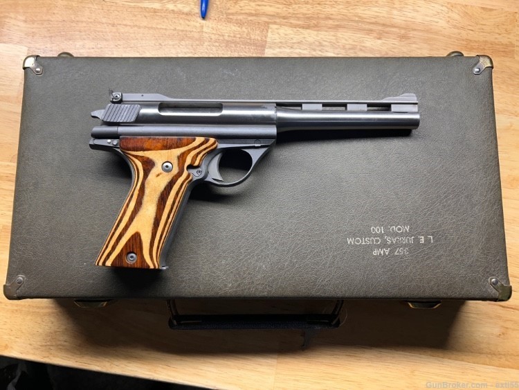 L.E. Jurras Automag model 100 pistol in .357 AMP caliber with case-img-1