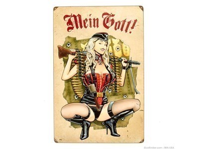 German WWII Replica "Vintage" Metal Sign - MG 34 Gunner Girl - 12" x 18"