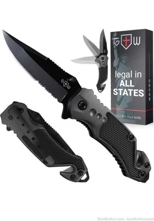 2,95” Serrated Blade Pocket Knife - Black Folding Knife with Glass Breaker -img-0
