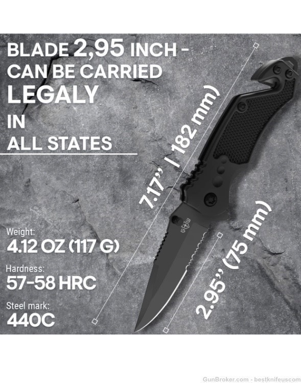 2,95” Serrated Blade Pocket Knife - Black Folding Knife with Glass Breaker -img-1