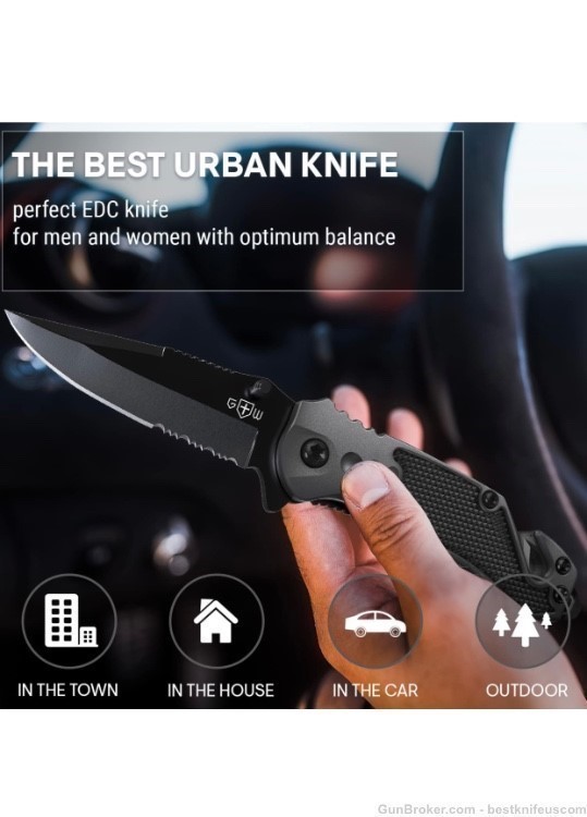 2,95” Serrated Blade Pocket Knife - Black Folding Knife with Glass Breaker -img-5