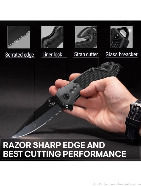 2,95” Serrated Blade Pocket Knife - Black Folding Knife with Glass Breaker -img-2
