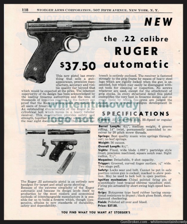 1951 RUGER  .22 Automatic Pist6l Original PRINT AD-img-0