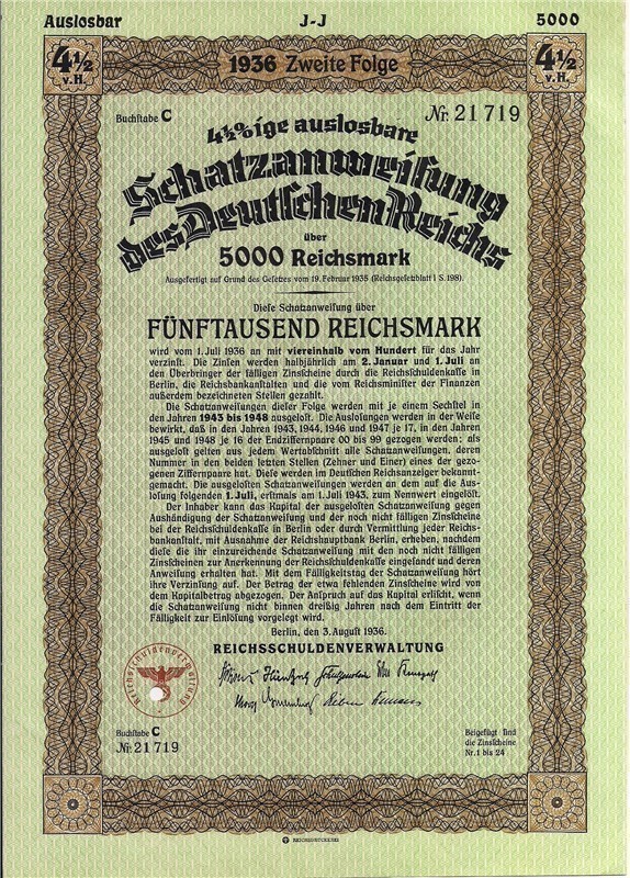 German Treasury Loan 5000 RM 1936 with swastika-img-0