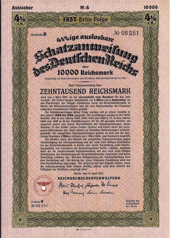 German Treasury Loan 10,000 Reichsmarks 1937 swastika, WWII-img-0