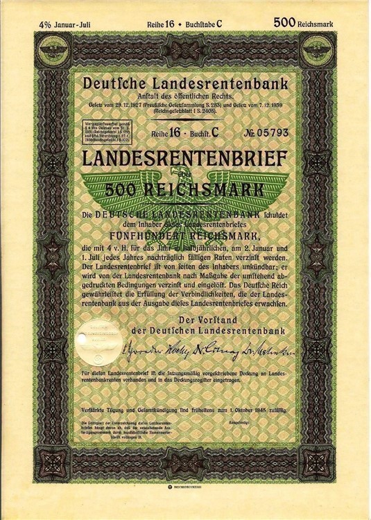 German State Mortgage, 500 RM Bond 1944 BATTLE OF THE BULGE WWII-img-0