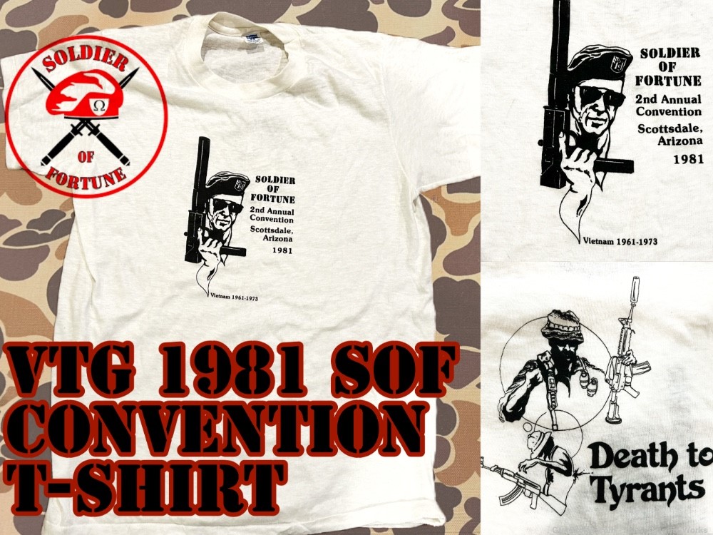 RARE! VTG 1981 Soldier Of Fortune Convention T-Shirt SOF MAC-10 MAC-11 -img-0
