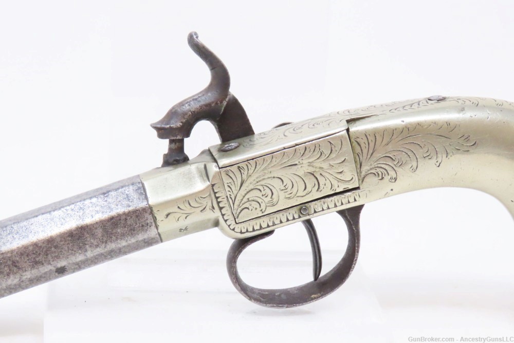 ENGRAVED BRITISH Antique GERMAN SILVER Box Lock 42 PERCUSSION Pocket Pistol-img-15