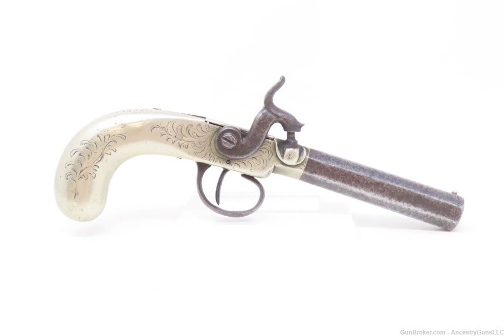 ENGRAVED BRITISH Antique GERMAN SILVER Box Lock 42 PERCUSSION Pocket Pistol-img-1