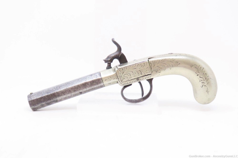 ENGRAVED BRITISH Antique GERMAN SILVER Box Lock 42 PERCUSSION Pocket Pistol-img-13