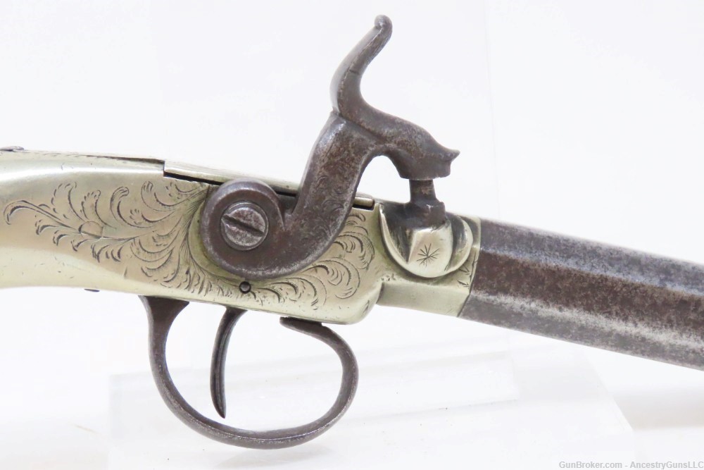 ENGRAVED BRITISH Antique GERMAN SILVER Box Lock 42 PERCUSSION Pocket Pistol-img-3