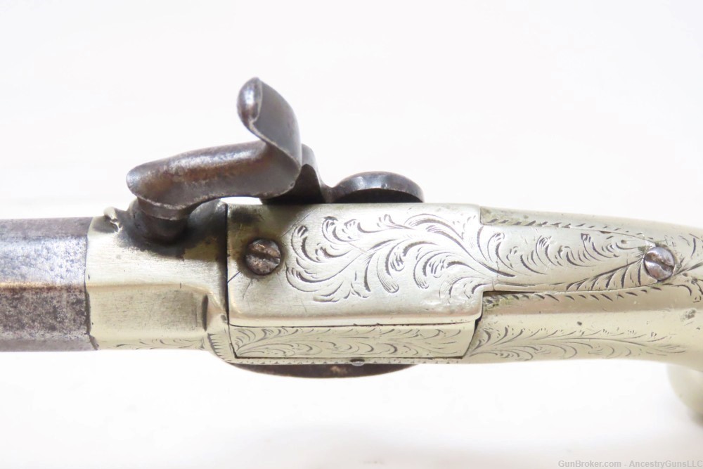 ENGRAVED BRITISH Antique GERMAN SILVER Box Lock 42 PERCUSSION Pocket Pistol-img-7