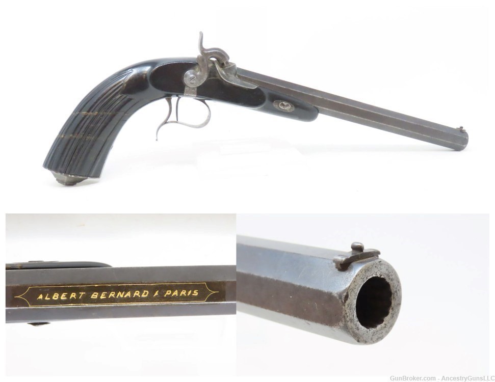 GOLD INLAID French Antique ALBERT BERNARD Marked .52 Caliber DUELING Pistol-img-0