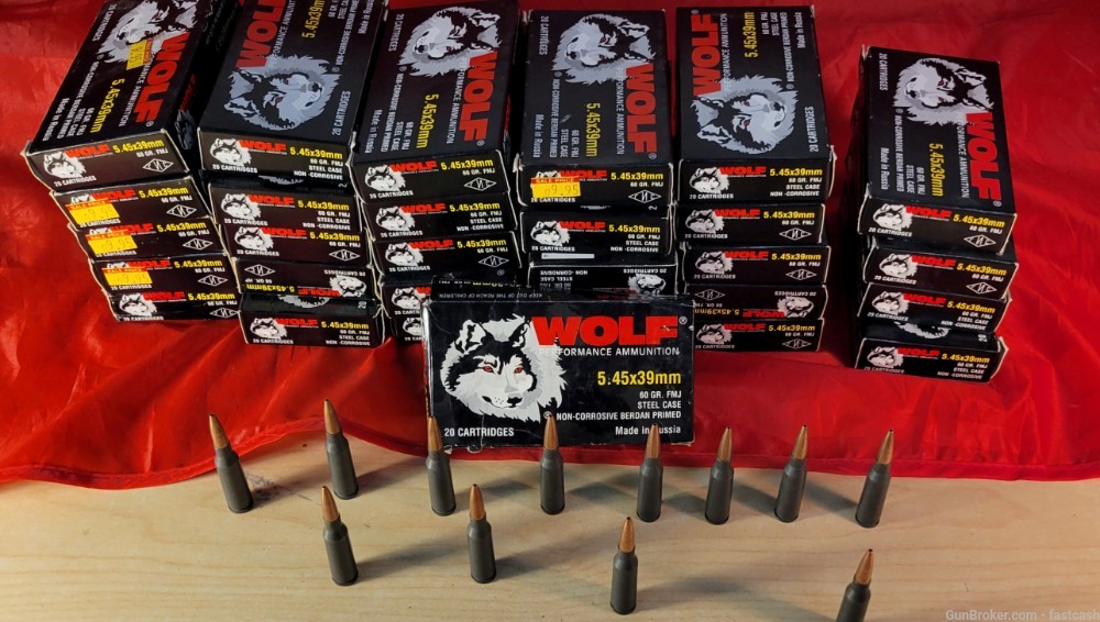 Wolf 5.45x39 ammo 592 rounds 60 GR. FMJ Steel Case Penny Auction-img-0