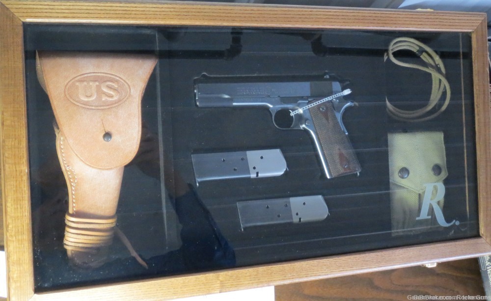 REMINGTON UMC 1911 .45 ACP DISPLAY CASES TWO (2) WITH HOLSTERS LANYARDS +-img-1