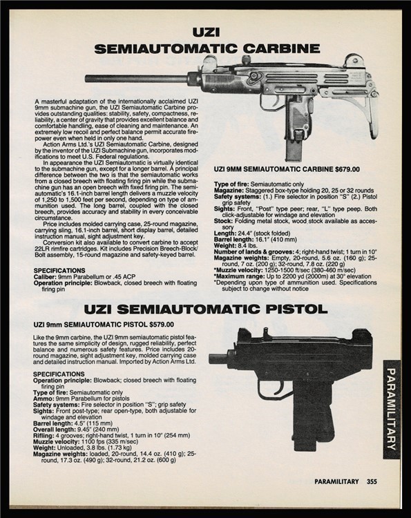 1987 UZI 9mm Semiautomatic Carbine and Pistol PRINT AD shown w/orig prices-img-0