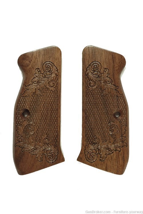 -Walnut Floral Checkered CZ-75 Grips Checkered Engraved Textured-img-1