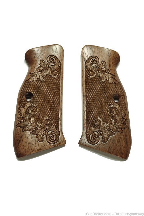 -Walnut Floral Checkered CZ-75 Grips Checkered Engraved Textured-img-0