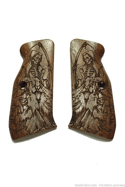 Walnut Grim Reaper CZ-75 Grips Checkered Engraved Textured-img-0