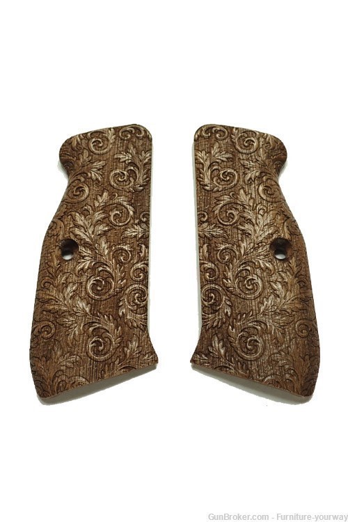 -Walnut Floral Scroll CZ-75 Grips Checkered Engraved Textured-img-0
