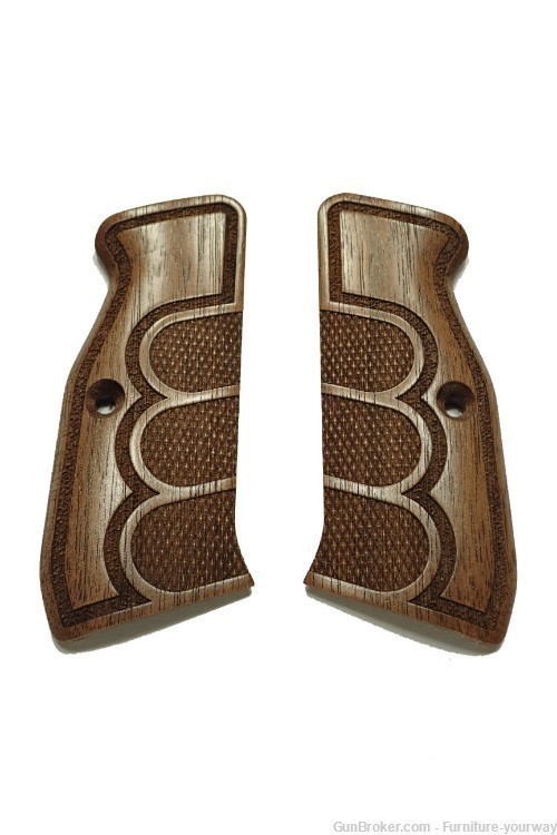 -Walnut Checkered Fingers CZ-75 Grips Checkered Engraved Textured-img-0