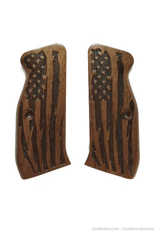 Walnut American Flag CZ-75 Grips Checkered Engraved Textured-img-1