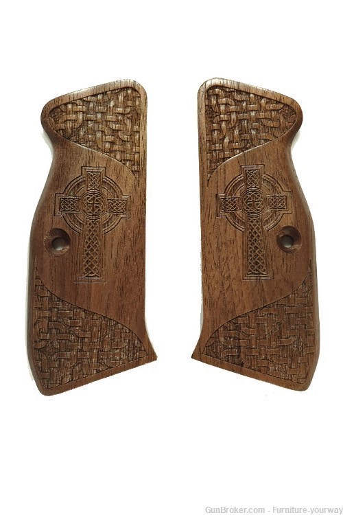 -Walnut Celtic Cross CZ-75 Grips Checkered Engraved Textured-img-1