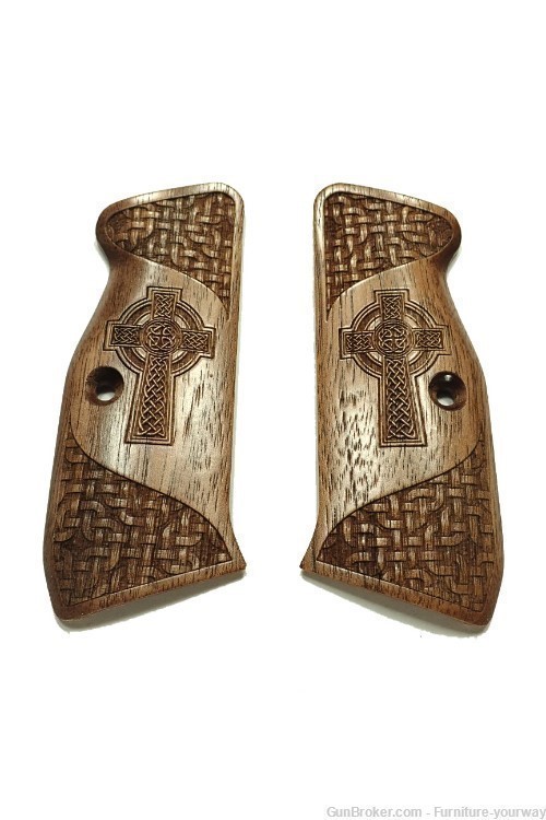 -Walnut Celtic Cross CZ-75 Grips Checkered Engraved Textured-img-0