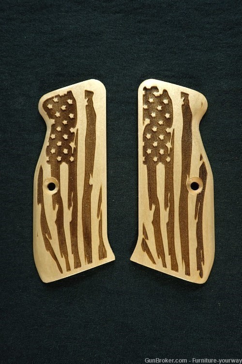 Maple American Flag CZ-75 Grips Checkered Engraved Textured-img-0