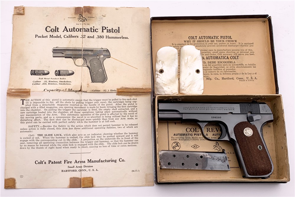 1937 COLT M1908 POCKET HAMMERLESS .380 ACP ORIG BOX PAPERS PEARL & WALNUT-img-0