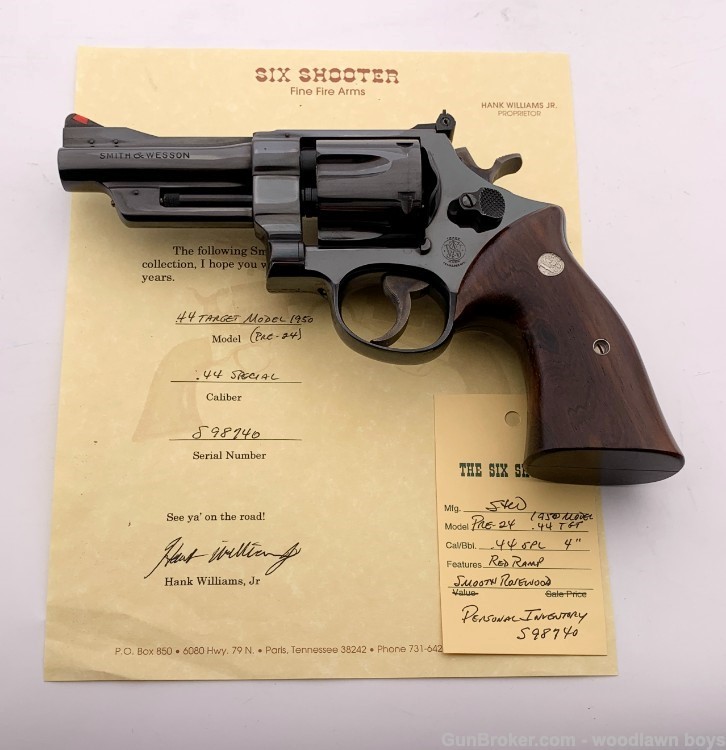 S&W 4" BLUE 1950 TGT PRE-MOD 24 HANK WILLIAMS JR LETTER ROSEWOOD GOLD BOX-img-1