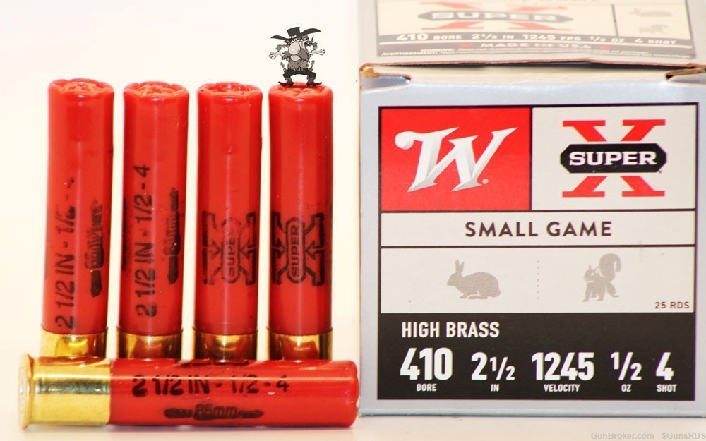 410 WINCHESTER High Brass.410 Super X No 4 Shot Small Game 2½" ½Oz.- 25 Box-img-0