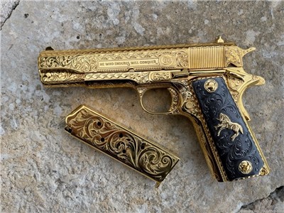 COLT 1911 ENGRAVED 45 ACP 24K GOLD 1of 10