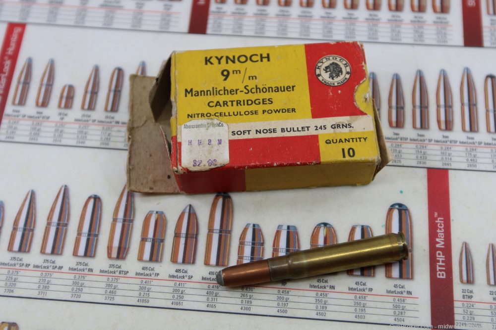 Kynoch 9mm Mannlicher-Schonauer 1 Rnd Single Case Cartridge 245gr 9.5x57mm-img-0
