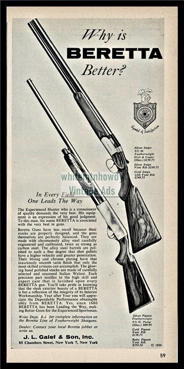 1959 BERETTA  Silver Snipe & Pigeon Shotgun AD Old Gun Advertising-img-0